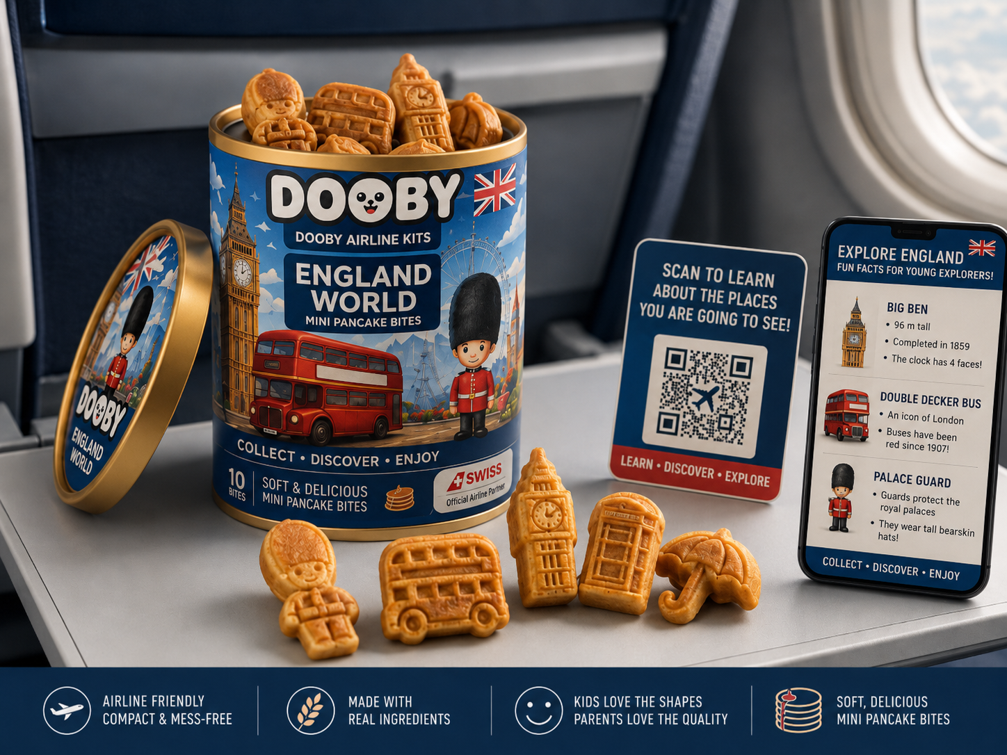 DOOBY Airline Kit — England World inflight box with airline partner branding, mini muffin bites and a scan-to-learn guide